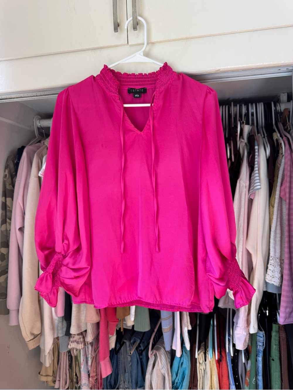 1. State Vibrant Hot Pink Smocked-Neck Blouse
